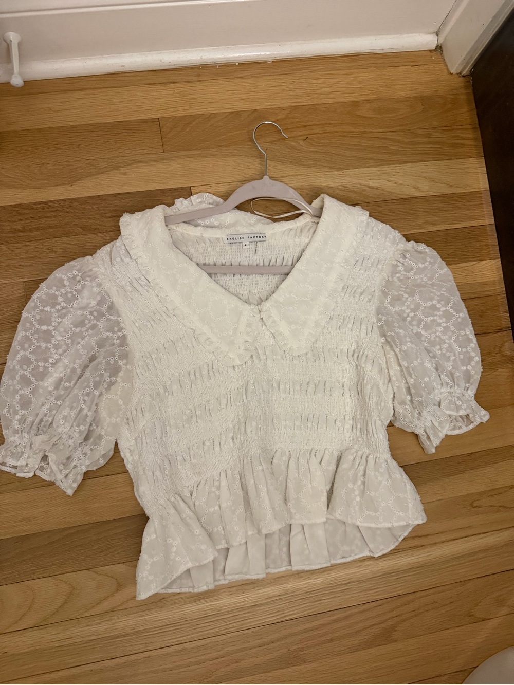 English Factory White Eyelet Smocked Puff Sleeve Blouse